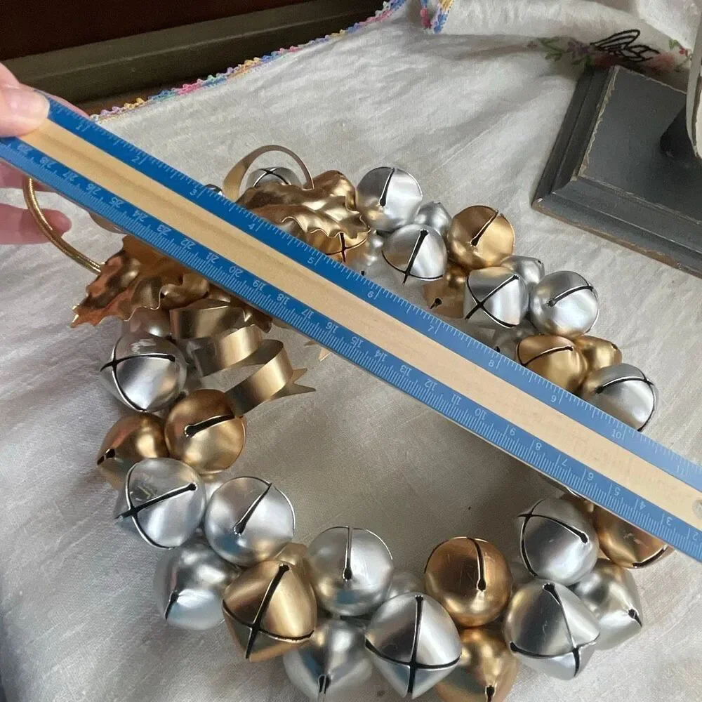 Silver & Gold jingle bells wreath hanging cord Holly decor